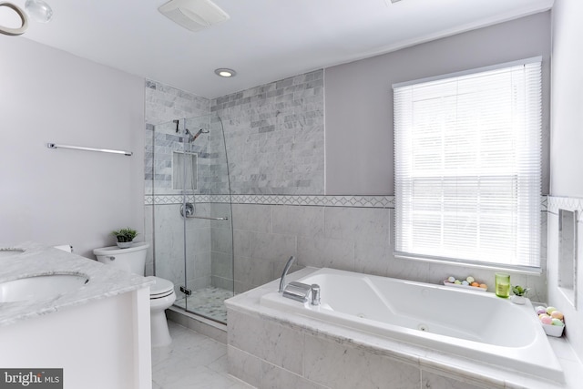 4011 Hummer Rd, Annandale, VA 22003 - bathroom with toilet, a stall shower, a tub with jets, vanity, and marble finish floors