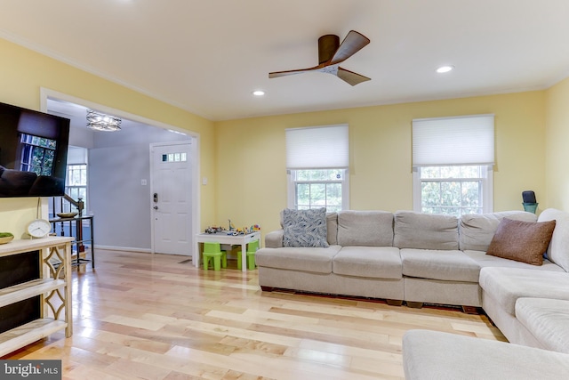 4011 Hummer Rd, Annandale, VA 22003 - living room with light wood finished floors, recessed lighting, ceiling fan, and ornamental molding