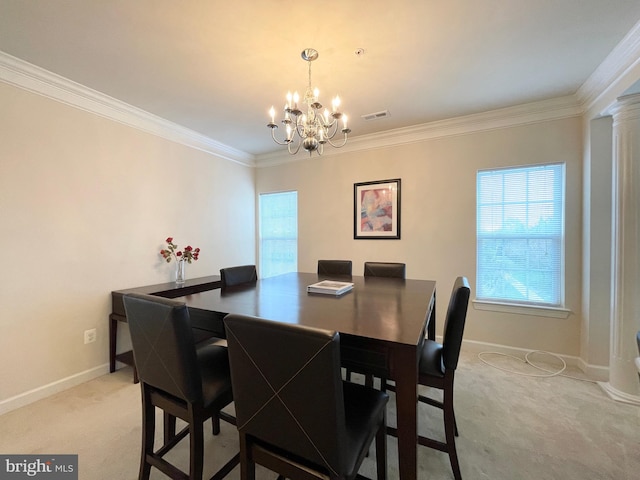 3648 Holborn Pl Unit 3648, Frederick, MD 21704 - dining area featuring an inviting chandelier, visible vents, light carpet, crown molding, and baseboards