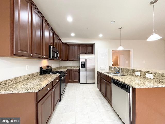 3648 Holborn Pl Unit 3648, Frederick, MD 21704 - kitchen with light stone counters, light tile patterned floors, a sink, hanging light fixtures, and appliances with stainless steel finishes