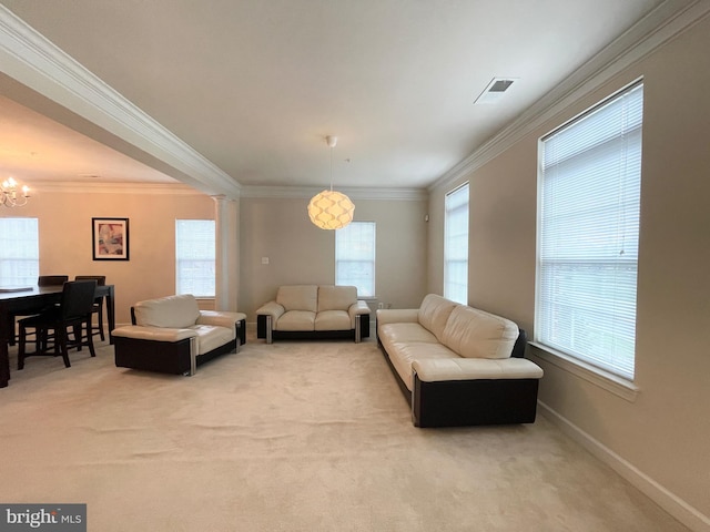 3648 Holborn Pl Unit 3648, Frederick, MD 21704 - living room with ornamental molding, light colored carpet, baseboards, a notable chandelier, and visible vents