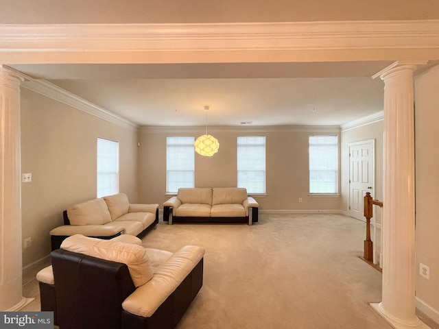 3648 Holborn Pl Unit 3648, Frederick, MD 21704 - living area with baseboards, ornamental molding, light carpet, and decorative columns