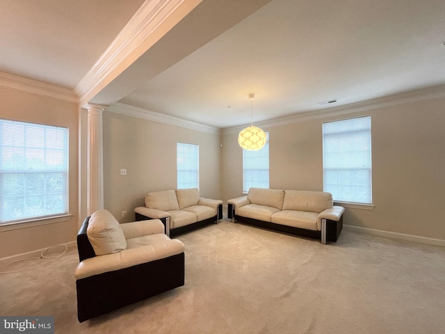 3648 Holborn Pl Unit 3648, Frederick, MD 21704 - living room with ornate columns, a healthy amount of sunlight, crown molding, and baseboards