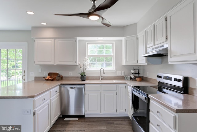 kitchen featuring a sink, a peninsula, under cabinet range hood, stainless steel appliances, and a wealth of natural light