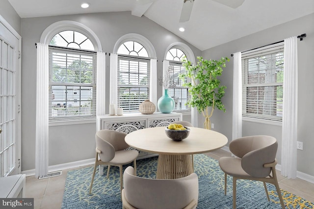 4500 Hadrian Ct, Alexandria, VA 22310 - dining space with baseboards, vaulted ceiling, ceiling fan, light tile patterned flooring, and recessed lighting