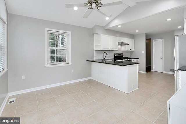 4500 Hadrian Ct, Alexandria, VA 22310 - kitchen with gas range, open shelves, under cabinet range hood, a ceiling fan, and recessed lighting
