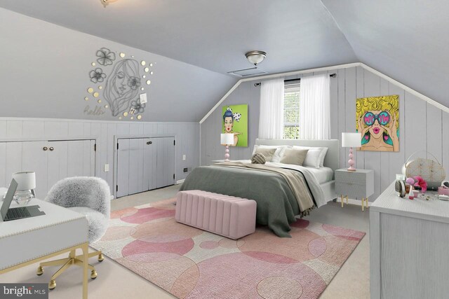 4500 Hadrian Ct, Alexandria, VA 22310 - bedroom with light carpet, vaulted ceiling, and a decorative wall