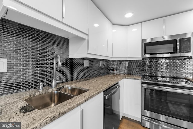 kitchen with white cabinets, light stone counters, appliances with stainless steel finishes, a sink, and tasteful backsplash