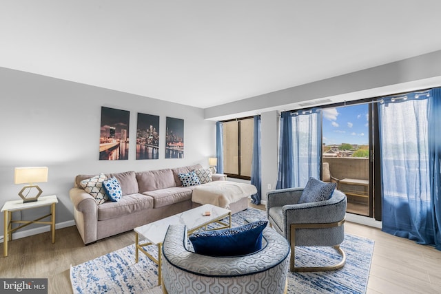 living area featuring baseboards and wood finished floors