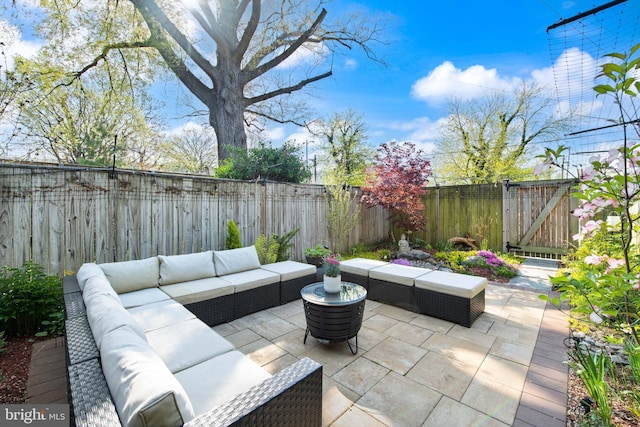 728 Farragut St NW, Washington, DC 20011 - view of patio / terrace with an outdoor living space, a gate, and a fenced backyard
