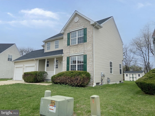 190 Wynnefield Rd, Bear, DE 19701 - traditional-style home featuring a garage, a front yard, a storage unit, brick siding, and a porch