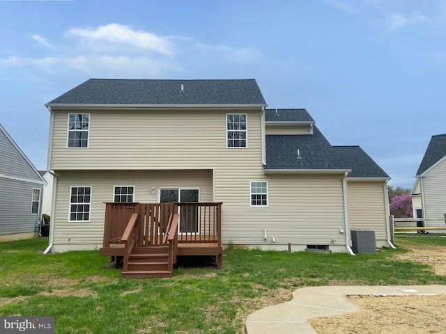 190 Wynnefield Rd, Bear, DE 19701 - rear view of house with a shingled roof, central AC, a yard, and a deck