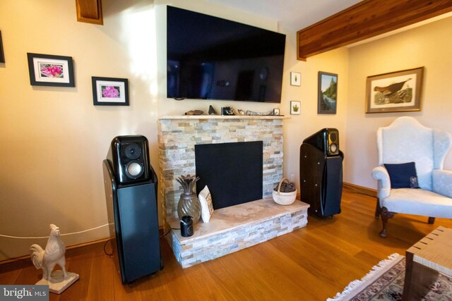 20 Eagle Ct, Gilbertsville, PA 19525 - living area featuring baseboards, wood finished floors, and a fireplace