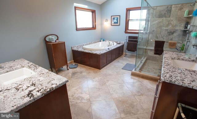20 Eagle Ct, Gilbertsville, PA 19525 - full bathroom featuring two vanities, a healthy amount of sunlight, a stall shower, and a sink