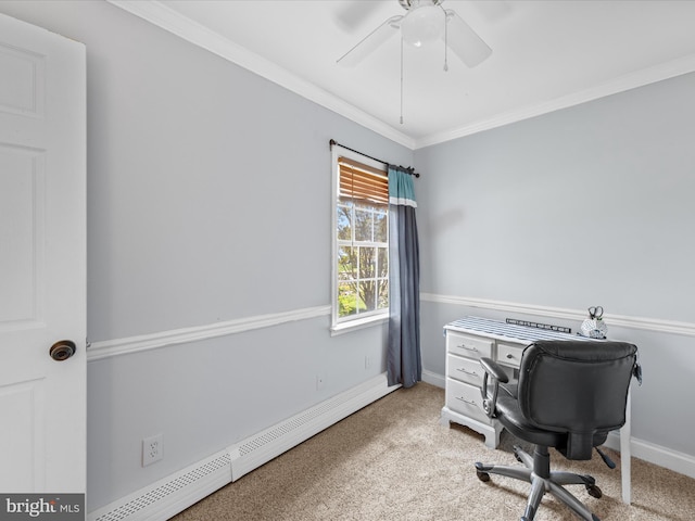 carpeted home office featuring baseboards, ornamental molding, a ceiling fan, and a baseboard radiator
