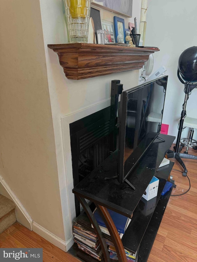 3322 Windermere Dr, Bushkill, PA 18324 - interior details featuring baseboards, wood finished floors, and a fireplace
