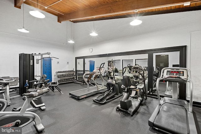 803 N Howard St Unit 435, Alexandria, VA 22304 - workout area featuring wood ceiling with exposed beams and high vaulted ceiling