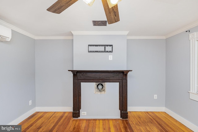 interior details featuring ornamental molding, a ceiling fan, and wood finished floors