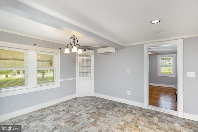 unfurnished dining area with crown molding, an inviting chandelier, baseboards, stone finish flooring, and a wall mounted AC