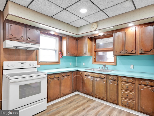 kitchen featuring a sink, light wood-style floors, brown cabinets, under cabinet range hood, and white range with electric cooktop