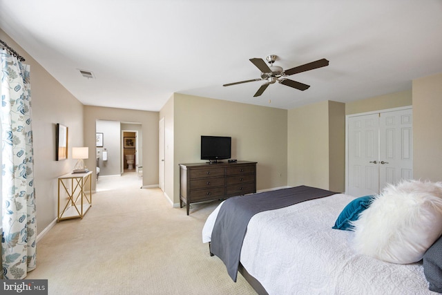 7185 Rivers Edge Rd, Columbia, MD 21044 - bedroom with a ceiling fan, a closet, light carpet, baseboards, and visible vents
