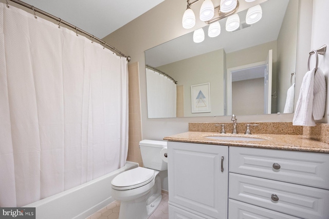 7185 Rivers Edge Rd, Columbia, MD 21044 - bathroom with tile patterned floors, toilet, visible vents, shower / bathtub combination with curtain, and vanity