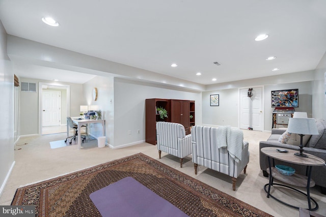 7185 Rivers Edge Rd, Columbia, MD 21044 - living area featuring light colored carpet, baseboards, visible vents, and recessed lighting