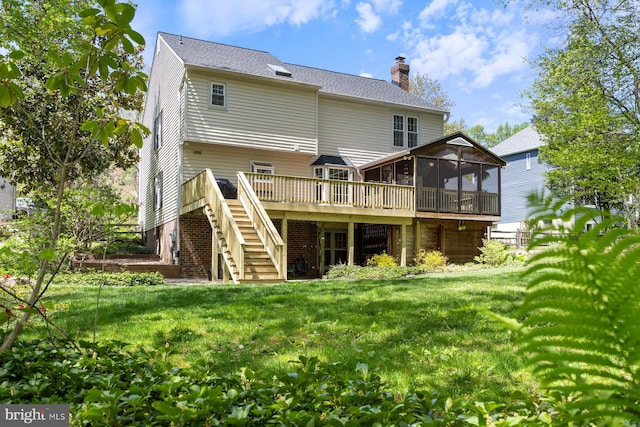 7185 Rivers Edge Rd, Columbia, MD 21044 - back of property with a chimney, a deck, a yard, a sunroom, and stairs