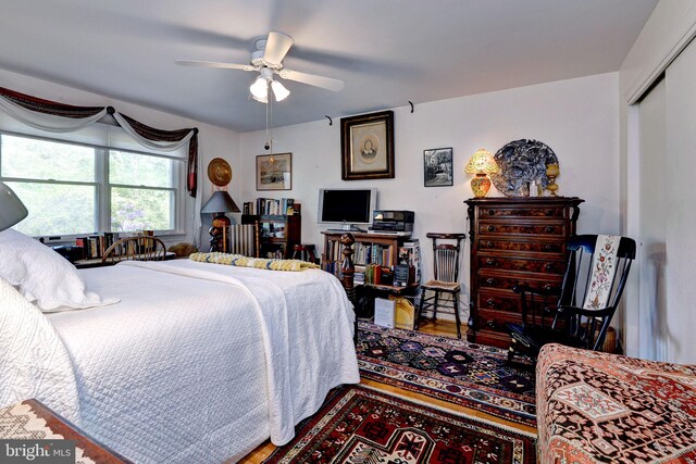 bedroom featuring a ceiling fan, wood finished floors, and a closet
