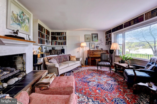 living area with a fireplace and built in features