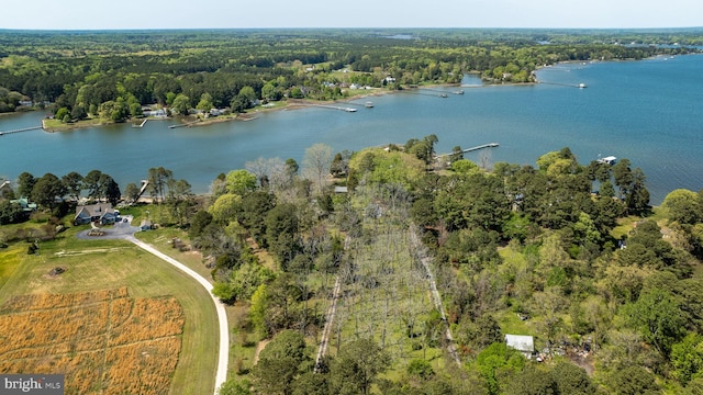 aerial view featuring a forest view and a water view