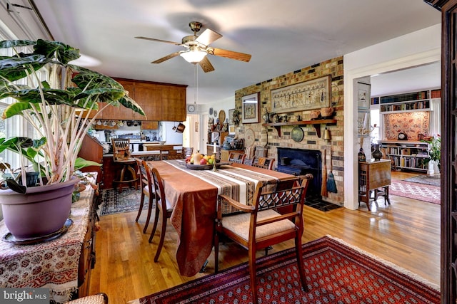 dining room with a ceiling fan, a fireplace, and light wood-style floors