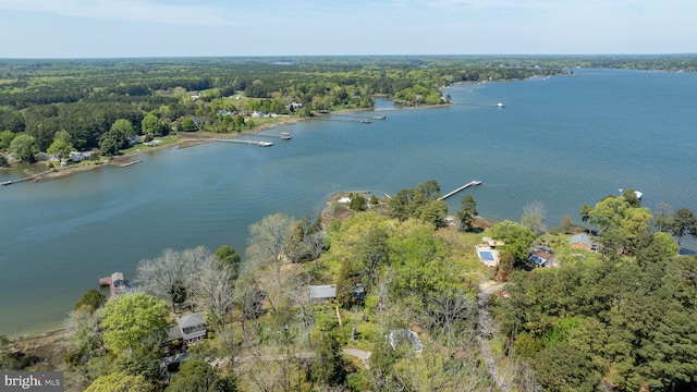 bird's eye view featuring a view of trees and a water view