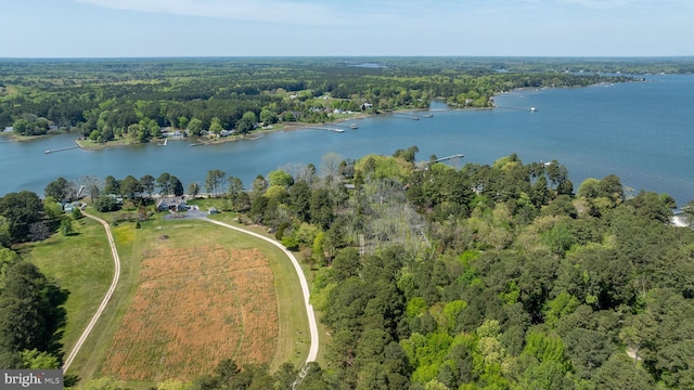 drone / aerial view featuring a wooded view and a water view