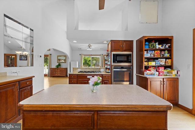 30602 Sandy Landing Rd, Dagsboro, DE 19939 - kitchen with ceiling fan, a high ceiling, light countertops, stainless steel appliances, and light wood-type flooring