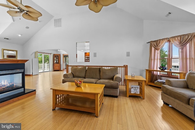 30602 Sandy Landing Rd, Dagsboro, DE 19939 - living room featuring high vaulted ceiling, ceiling fan, and visible vents