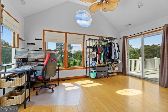 30602 Sandy Landing Rd, Dagsboro, DE 19939 - home office featuring high vaulted ceiling, ceiling fan, wood finished floors, and visible vents