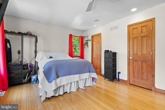 30602 Sandy Landing Rd, Dagsboro, DE 19939 - bedroom featuring recessed lighting, ceiling fan, light wood finished floors, and visible vents