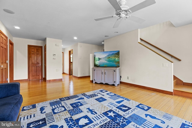 30602 Sandy Landing Rd, Dagsboro, DE 19939 - living area with stairs, baseboards, ceiling fan, recessed lighting, and light wood finished floors