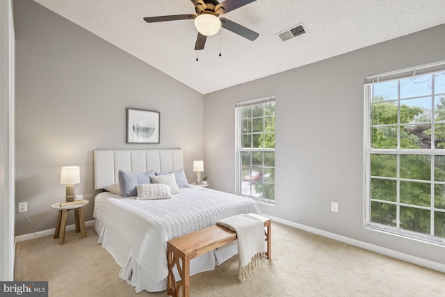 3723 Hampton Ct, Alexandria, VA 22306 - bedroom featuring light carpet, a textured ceiling, lofted ceiling, and ceiling fan