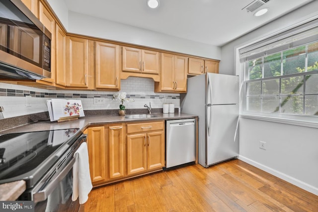 kitchen featuring dark countertops, a sink, light wood-style floors, stainless steel appliances, and backsplash
