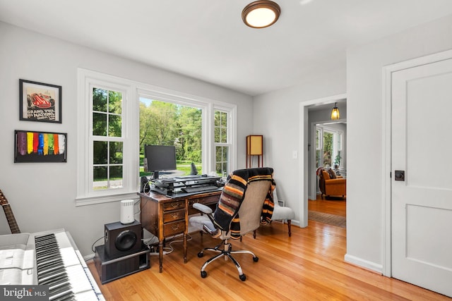 office area featuring light wood-type flooring, a wealth of natural light, and baseboards