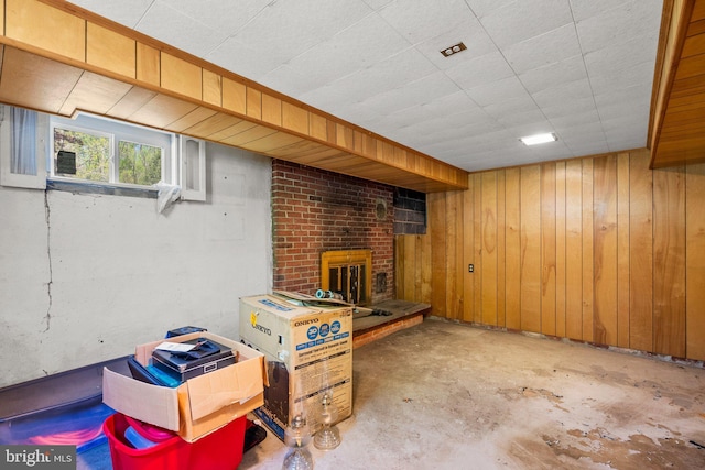 basement with a fireplace and wooden walls