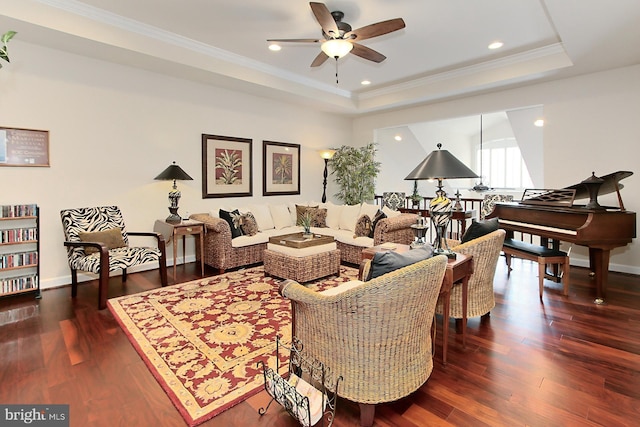 44251 Silverpalm Grove Ter, Leesburg, VA 20176 - living room featuring crown molding, a raised ceiling, ceiling fan, and wood finished floors