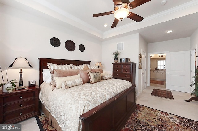 44251 Silverpalm Grove Ter, Leesburg, VA 20176 - bedroom featuring visible vents, ornamental molding, baseboards, recessed lighting, and connected bathroom