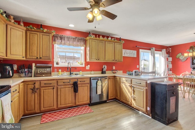 kitchen with a peninsula, appliances with stainless steel finishes, a sink, and plenty of natural light