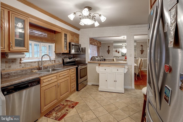 2066 Old York Rd, Burlington, NJ 08016 - kitchen with appliances with stainless steel finishes, a sink, light tile patterned floors, tasteful backsplash, and glass insert cabinets