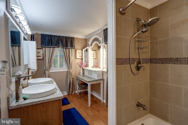2066 Old York Rd, Burlington, NJ 08016 - full bathroom featuring wood finished floors, double vanity, crown molding, and shower / bath combination