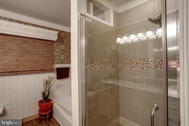 2066 Old York Rd, Burlington, NJ 08016 - bathroom featuring tile walls, a shower stall, wood finished floors, a bath, and wallpapered walls