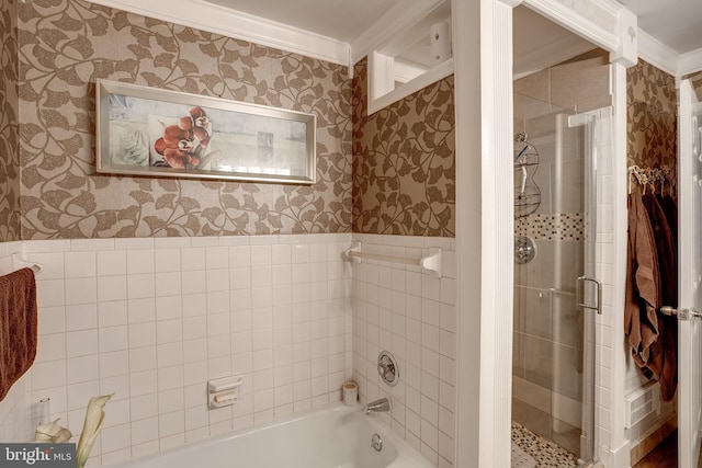 2066 Old York Rd, Burlington, NJ 08016 - full bath featuring wallpapered walls, crown molding, a shower stall, a bathtub, and wainscoting